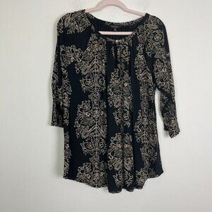 Lucky Brand Woman’s Plus Black Tan Floral Boho Keyhole Top Long Sleeve Size 2X